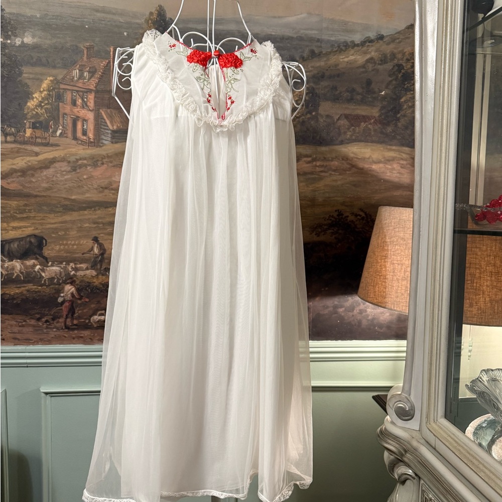 RARE FIND Vintage Sheer White Nightgown Red Rose Embroidery Lingerie